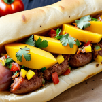 **

A vibrant, colorful Mexican-style hot dog. Focus on the details: a pork sausage with adobo seasoning, topped with mango habanero salsa, fresh cilantro, diced tomatoes and onions, and crushed tortilla chips. The bun is lightly toasted.

**