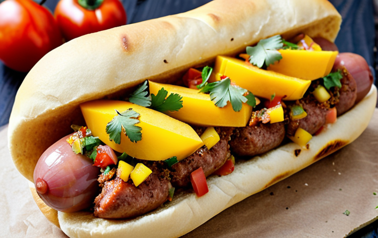 **
A vibrant, colorful Mexican-style hot dog. Focus on the details: a pork sausage with adobo seasoning, topped with mango habanero salsa, fresh cilantro, diced tomatoes and onions, and crushed tortilla chips. The bun is lightly toasted.
**