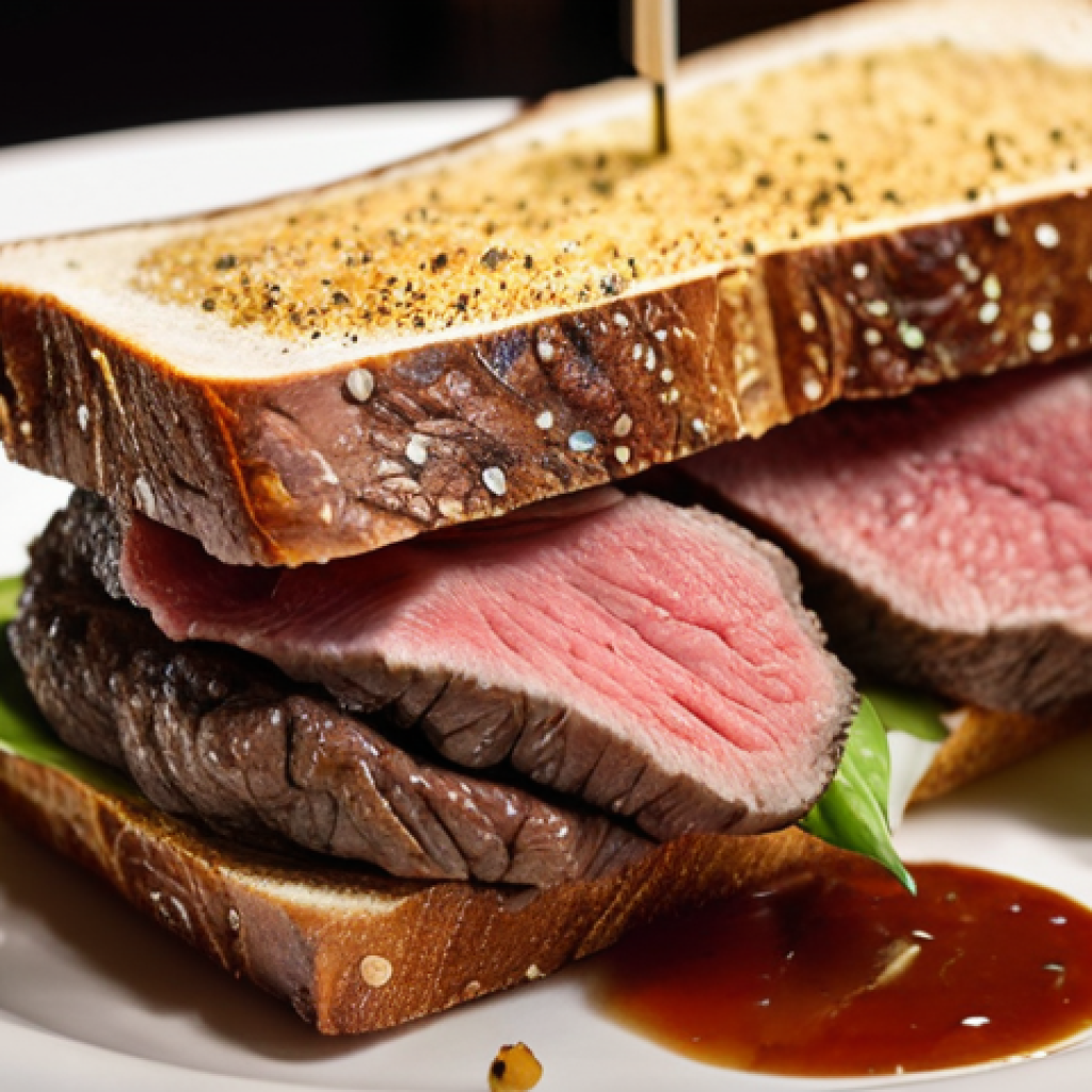 **

"Close-up of a gourmet fusion sandwich featuring high-quality ingredients like wagyu beef and black truffle, presented artfully on a plate in a Michelin-starred restaurant setting. Focus on the textures and colors of the ingredients, conveying luxury and exclusivity. Background blurred with soft, warm lighting."

**