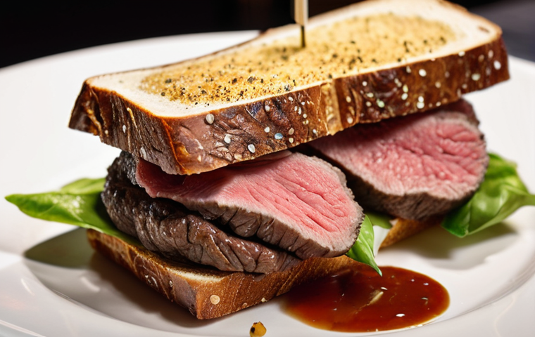 **

"Close-up of a gourmet fusion sandwich featuring high-quality ingredients like wagyu beef and black truffle, presented artfully on a plate in a Michelin-starred restaurant setting. Focus on the textures and colors of the ingredients, conveying luxury and exclusivity. Background blurred with soft, warm lighting."

**