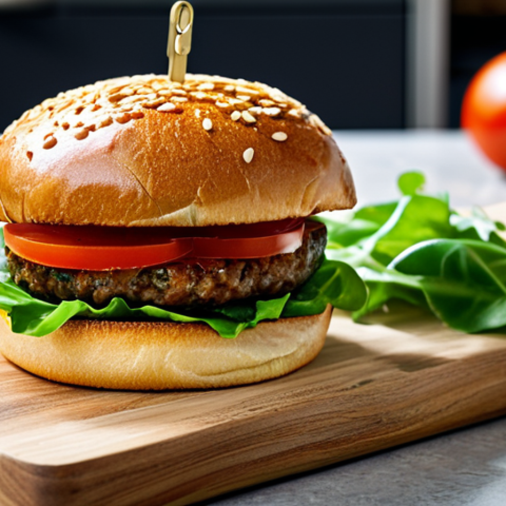 A gourmet plant-based burger, meticulously crafted with a vibrant pea protein patty, topped with fresh, crisp lettuce, ripe red tomato slices, and a shiny, perfectly toasted brioche bun. The burger is presented on a minimalist wooden board in a brightly lit, modern professional kitchen setting. High-resolution, professional food photography, natural lighting, sharp focus, perfectly presented, natural appearance, safe for work, appropriate content, fully clothed, professional.
