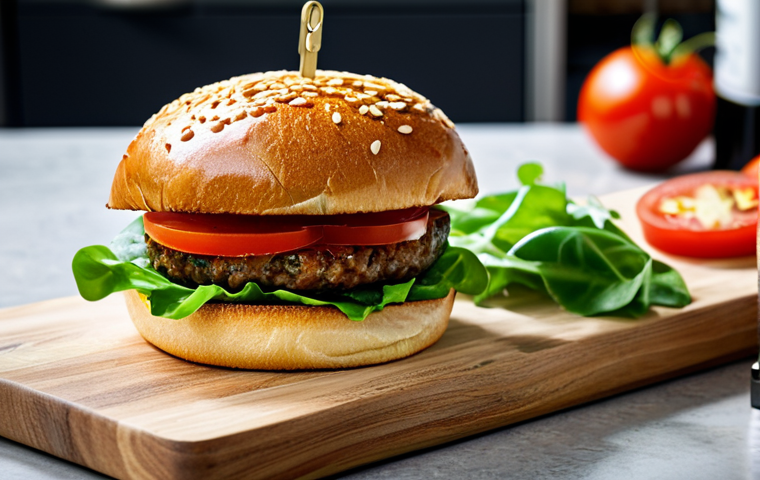 A gourmet plant-based burger, meticulously crafted with a vibrant pea protein patty, topped with fresh, crisp lettuce, ripe red tomato slices, and a shiny, perfectly toasted brioche bun. The burger is presented on a minimalist wooden board in a brightly lit, modern professional kitchen setting. High-resolution, professional food photography, natural lighting, sharp focus, perfectly presented, natural appearance, safe for work, appropriate content, fully clothed, professional.