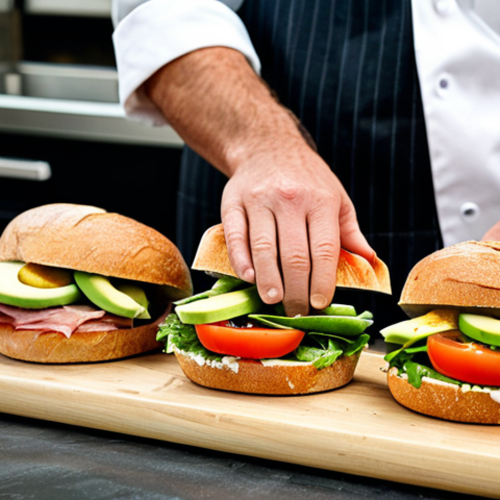 Gourmet Sandwich Preparation**

"A brightly lit, modern kitchen scene showcasing the preparation of a gourmet sandwich. Focus on artisan bread, colorful fresh vegetables (tomatoes, lettuce, avocado), and thinly sliced cured meats. Hands are carefully layering the ingredients. Jars of homemade sauces (pesto, aioli) are visible in the background. Emphasis on fresh, high-quality ingredients.  Perfect anatomy, natural proportions, well-formed hands, proper finger count, fully clothed chef, appropriate attire, professional food photography, safe for work, appropriate content, family-friendly, high resolution."

**