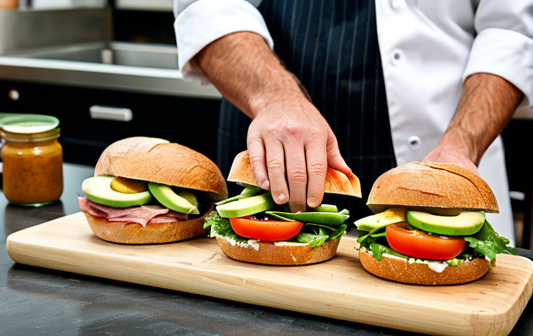 Gourmet Sandwich Preparation**

"A brightly lit, modern kitchen scene showcasing the preparation of a gourmet sandwich. Focus on artisan bread, colorful fresh vegetables (tomatoes, lettuce, avocado), and thinly sliced cured meats. Hands are carefully layering the ingredients. Jars of homemade sauces (pesto, aioli) are visible in the background. Emphasis on fresh, high-quality ingredients.  Perfect anatomy, natural proportions, well-formed hands, proper finger count, fully clothed chef, appropriate attire, professional food photography, safe for work, appropriate content, family-friendly, high resolution."

**