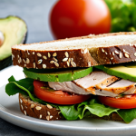 **

"A wholesome and delicious sandwich, sliced in half to show the fresh ingredients. Features whole-grain bread, grilled chicken, avocado slices, ripe tomatoes, and crisp lettuce. Natural lighting, close-up shot. Safe for work, appropriate content, fully clothed ingredients, professional food photography, focus on textures and vibrant colors, well-defined layers."

**