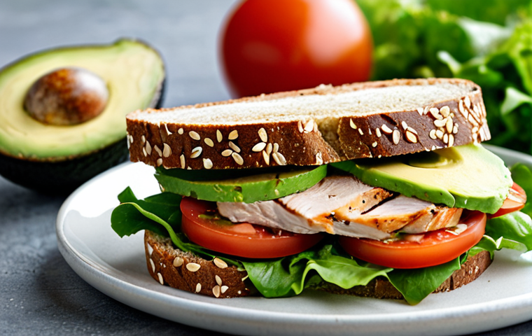 **

"A wholesome and delicious sandwich, sliced in half to show the fresh ingredients. Features whole-grain bread, grilled chicken, avocado slices, ripe tomatoes, and crisp lettuce. Natural lighting, close-up shot. Safe for work, appropriate content, fully clothed ingredients, professional food photography, focus on textures and vibrant colors, well-defined layers."

**