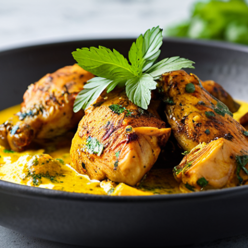 Home 28 Exotic Chicken Marinade**
"A close-up shot of chicken pieces marinating in a vibrant, colorful mixture of yogurt, spices (turmeric, cumin, coriander), and fresh herbs (cilantro, mint). Focus on the texture and visual appeal of the marinade clinging to the chicken. Background: a clean, modern kitchen setting with natural light. Keywords: food photography, appetizing, delicious, Indian cuisine inspired, fully clothed chicken (raw), safe for work, appropriate content, professional, perfect anatomy (of food ingredients), natural proportions (of food ingredients)."
**