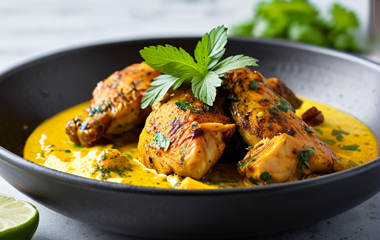 Exotic Chicken Marinade**

"A close-up shot of chicken pieces marinating in a vibrant, colorful mixture of yogurt, spices (turmeric, cumin, coriander), and fresh herbs (cilantro, mint). Focus on the texture and visual appeal of the marinade clinging to the chicken. Background: a clean, modern kitchen setting with natural light. Keywords: food photography, appetizing, delicious, Indian cuisine inspired, fully clothed chicken (raw), safe for work, appropriate content, professional, perfect anatomy (of food ingredients), natural proportions (of food ingredients)."

**