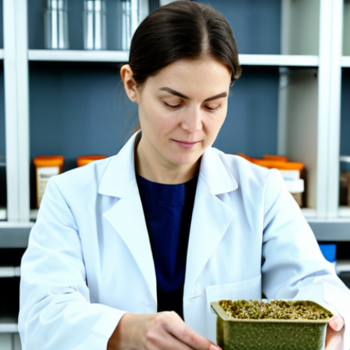 Home 27 Biodegradable Packaging Innovation**
"A bright, modern laboratory setting. A female scientist in a fully clothed lab coat examines a new biodegradable food container made from mycelium. Close-up shot showcasing the texture of the material. Beakers and other lab equipment in the background. Focus on sustainability and innovation. Safe for work, appropriate content, fully clothed, professional, perfect anatomy, natural proportions, high quality."
**