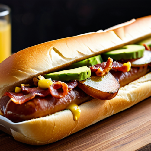 Home 26 Gourmet Hot Dog Still Life**
"A beautifully plated gourmet hot dog featuring a brioche bun, a visible Iberico pork sausage, avocado cream sauce, caramelized onions, and crispy bacon strips. The hot dog is presented on a rustic wooden board with artisan mustard in a small dish. Background: A blurred view of a high-end restaurant with soft lighting. safe for work, appropriate content, fully clothed, professional food photography, perfect anatomy (of the food items), correct proportions, high quality."
**