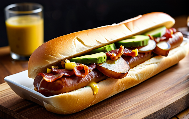 Gourmet Hot Dog Still Life**

"A beautifully plated gourmet hot dog featuring a brioche bun, a visible Iberico pork sausage, avocado cream sauce, caramelized onions, and crispy bacon strips. The hot dog is presented on a rustic wooden board with artisan mustard in a small dish. Background: A blurred view of a high-end restaurant with soft lighting. safe for work, appropriate content, fully clothed, professional food photography, perfect anatomy (of the food items), correct proportions, high quality."

**