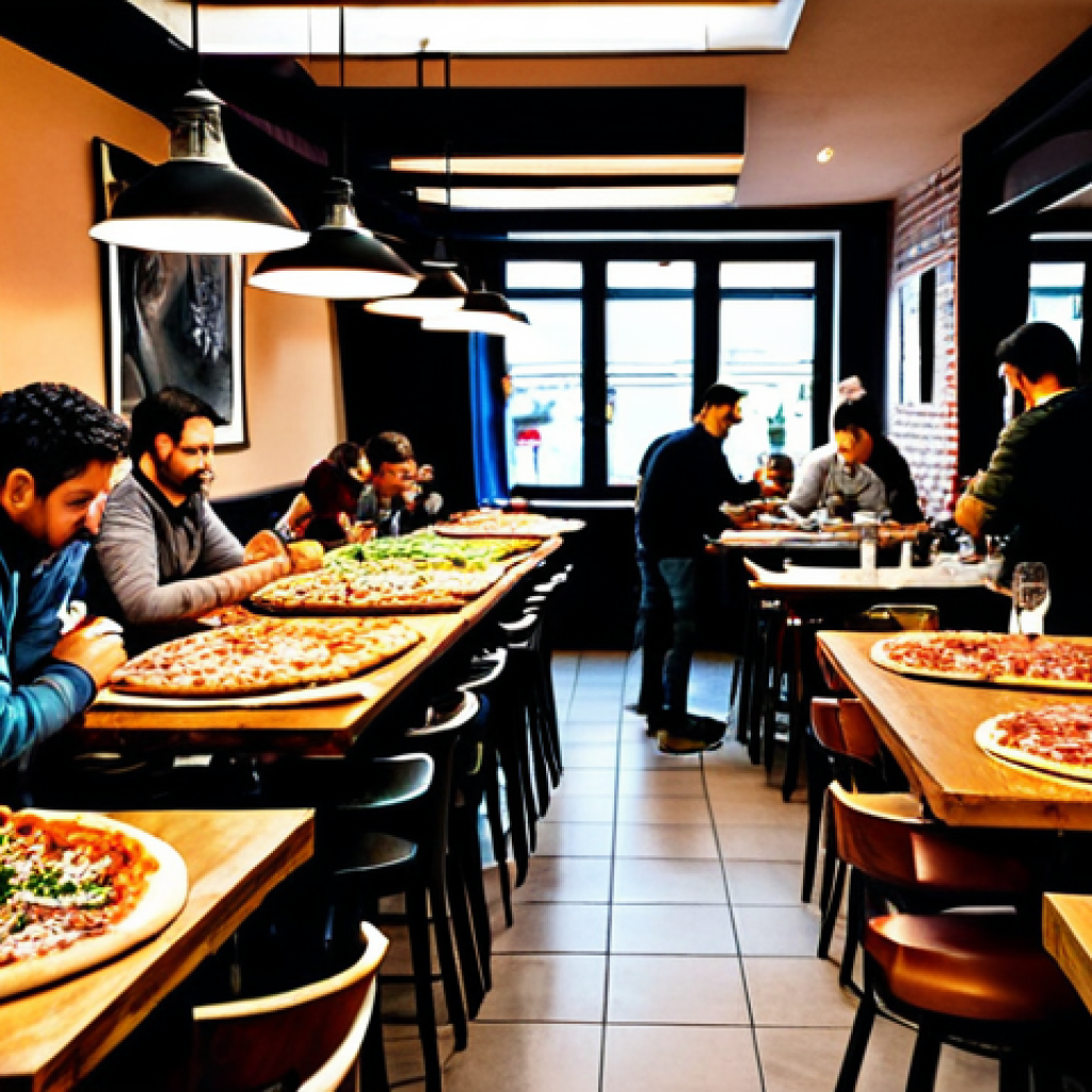Fusion Pizza Restaurant Interior**

"A bustling pizzeria interior in Barcelona, Spain. Patrons are enjoying uniquely topped pizzas.  Focus on a pizza with jamón serrano and figs. Warm, inviting atmosphere.  Fully clothed customers.  Bright lighting.  Professional photography, high resolution, perfect composition, safe for work, appropriate content, fully clothed, professional."

**