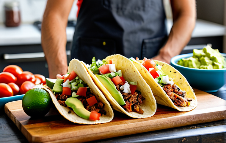 Healthy Taco Scene**

"A vibrant and colorful scene of fresh, healthy tacos being prepared. Ingredients include lean protein, homemade pico de gallo, avocado slices, and lime wedges. The tacos are presented on a rustic wooden board in a brightly lit kitchen. Focus on the freshness and appeal of the ingredients. safe for work, appropriate content, fully clothed, professional food photography, perfect anatomy, natural proportions, family-friendly."

**