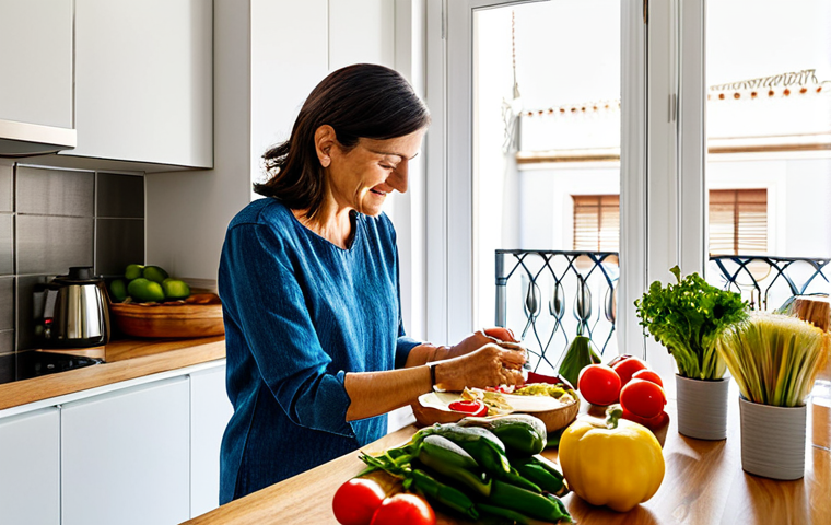 퓨전 피자의 대체밀 활용 사례 - Modern Spanish Kitchen**
Prompt: "A bright and airy modern kitchen in Madrid, Spain. A woman in her...