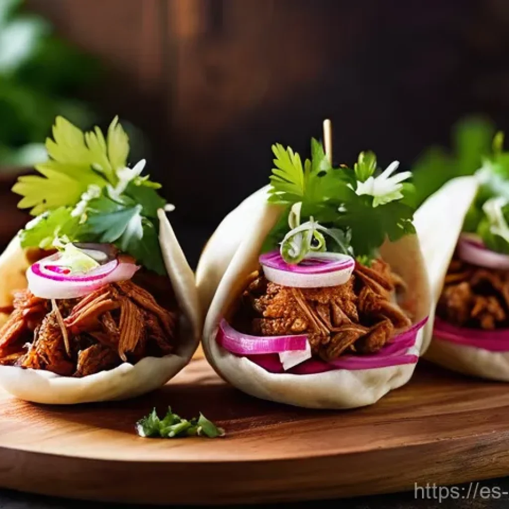 퓨전 패스트푸드 DIY 재료 추천 - **A vibrant, mouth-watering close-up of several fluffy, perfectly steamed baos, split open to reveal...