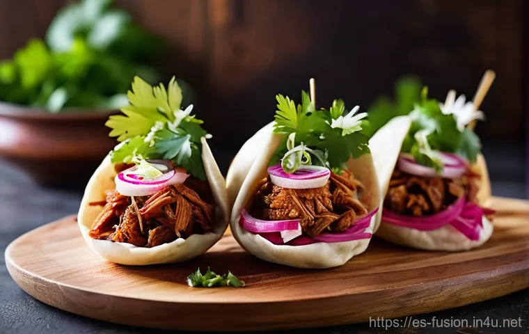 퓨전 패스트푸드 DIY 재료 추천 - **A vibrant, mouth-watering close-up of several fluffy, perfectly steamed baos, split open to reveal...