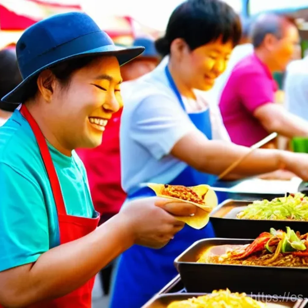 퓨전 패스트푸드의 성장 전략 - **Vibrant Fusion Street Food Market:** A dynamic and colorful scene in a bustling, open-air street f...