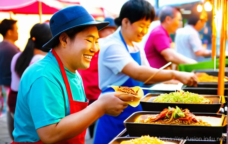 퓨전 패스트푸드의 성장 전략 - **Vibrant Fusion Street Food Market:** A dynamic and colorful scene in a bustling, open-air street f...
