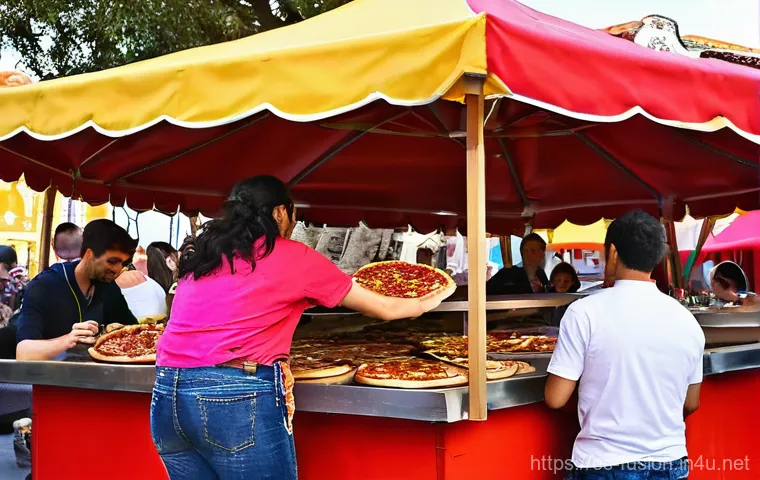 퓨전 피자의 글로벌화 과정 - **Vibrant Fusion Pizza Festival in a Spanish Plaza:**
A lively, outdoor food festival scene set ...