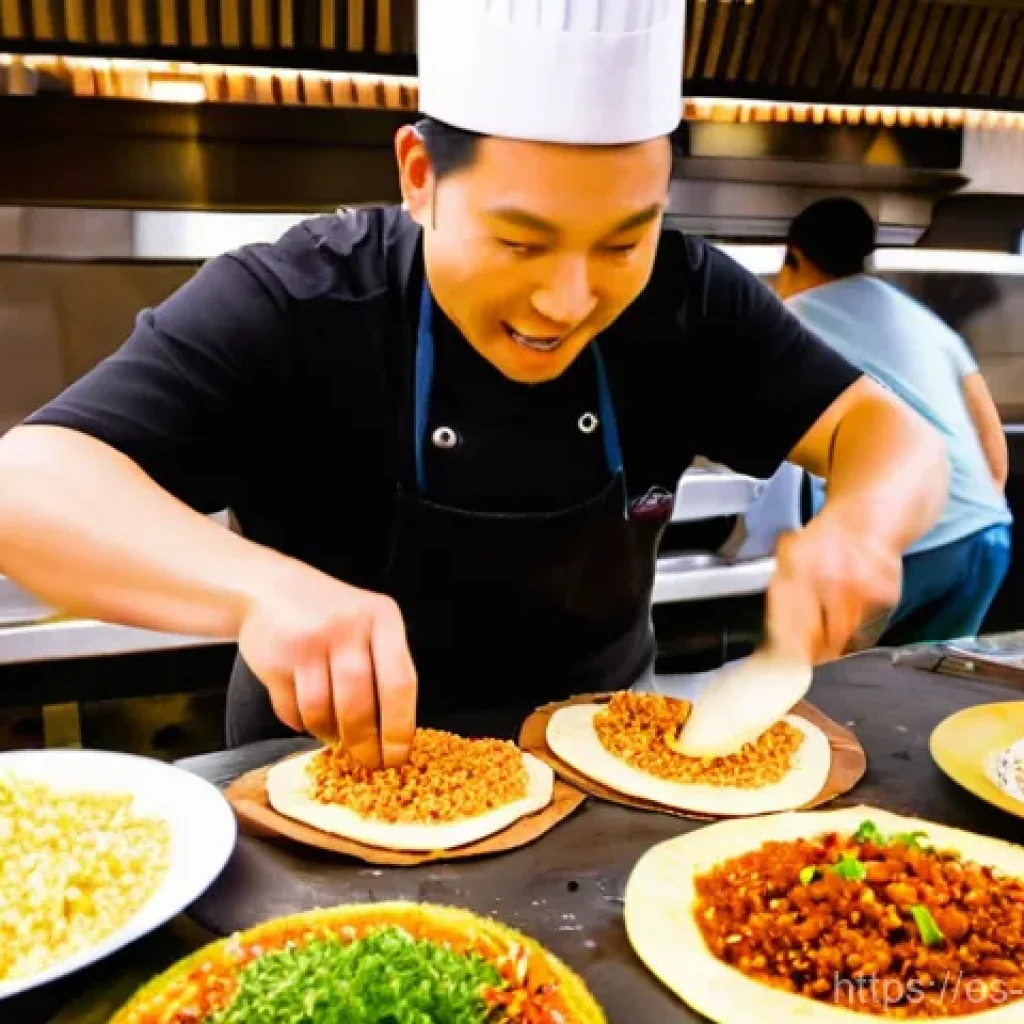 퓨전 타코 브랜드의 성장 - Vibrant Mex-Korean Street Taco Scene**
A bustling, colorful street food market at twilight. In the f...