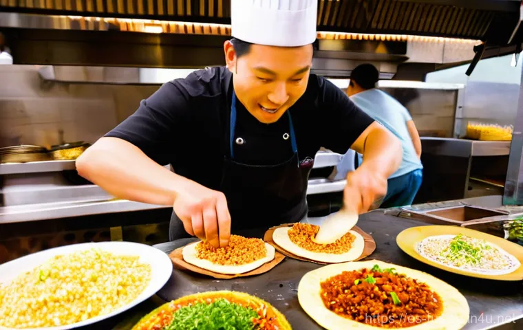 퓨전 타코 브랜드의 성장 - Vibrant Mex-Korean Street Taco Scene**
A bustling, colorful street food market at twilight. In the f...