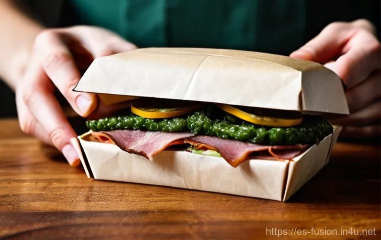퓨전 샌드위치의 테이크아웃 포장 - Prompt 1: The Gourmet Unboxing Experience** 퓨전 샌드위치의 테이크아웃 포장 - Prompt 1: The Gourmet Unboxing Experience**