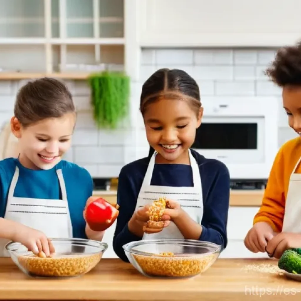 퓨전 패스트푸드 어린이용 건강식 - **Prompt:** A bright, cheerful kitchen scene where a diverse group of children, around 6-10 years ol...