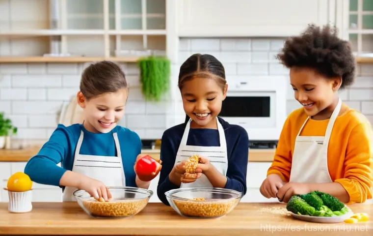 퓨전 패스트푸드 어린이용 건강식 - **Prompt:** A bright, cheerful kitchen scene where a diverse group of children, around 6-10 years ol...