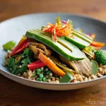 Home 10 퓨전 패스트푸드의 비건 밀키트 - **Prompt:** A close-up, high-angle shot of a vibrant, perfectly plated vegan fusion dish, such as "S...