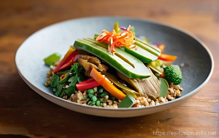 퓨전 패스트푸드의 비건 밀키트 - **Prompt:** A close-up, high-angle shot of a vibrant, perfectly plated vegan fusion dish, such as "S...