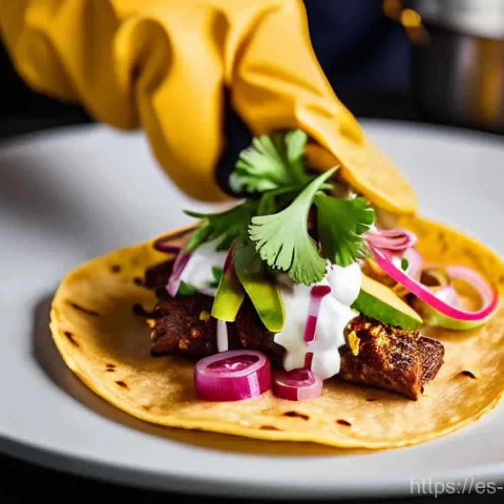 퓨전 패스트푸드의 프랜차이즈 팁 - **Vibrant Fusion Culinary Creation:** A close-up, high-angle shot of a chef's hands, wearing clean, ...