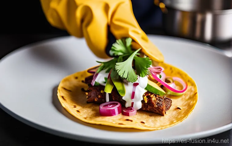 퓨전 패스트푸드의 프랜차이즈 팁 - **Vibrant Fusion Culinary Creation:** A close-up, high-angle shot of a chef's hands, wearing clean, ...