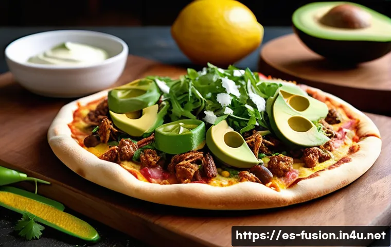 퓨전 피자 재료 원산지 - **Prompt 1: Mexican Fiesta Fusion Pizza**
A vibrant, mouth-watering fusion pizza, named "Mexican...