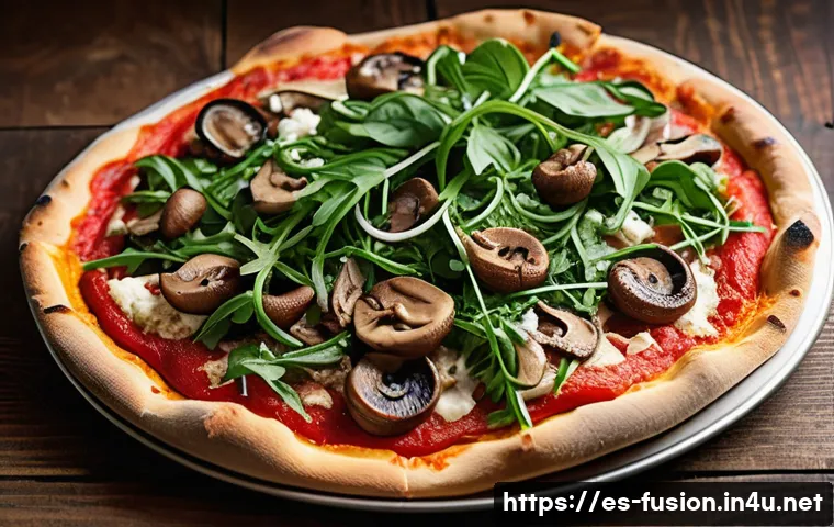 퓨전 피자의 대체 육류 사용 - A vibrant, gourmet pizza topped with a variety of plant-based proteins like soy and pea-based meat s...