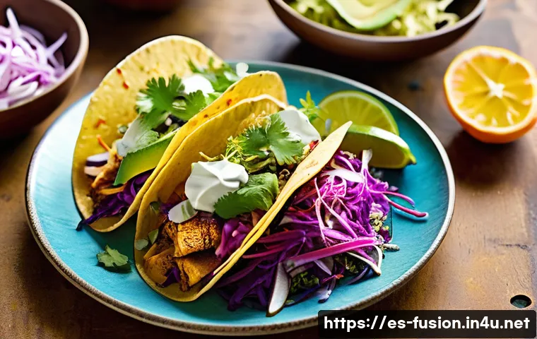 퓨전 타코 DIY 패키지 - A vibrant fusion taco spread featuring shredded Asian-spiced pork, citrus-marinated fish, and soy-gi...