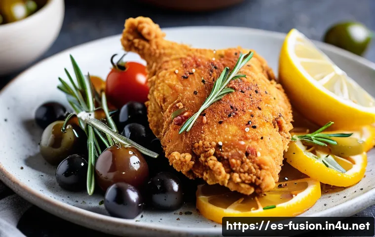 퓨전 치킨의 튀김 스타일 비교 - A vibrant close-up of a fusion fried chicken plate combining Southern American and Mediterranean sty...