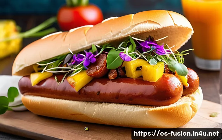 퓨전 핫도그의 브랜드별 특성 - A vibrant fusion hot dog served in a rustic artisan bun, featuring a juicy chorizo sausage topped wi...