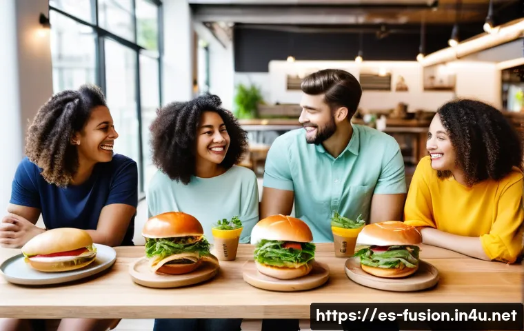 퓨전 패스트푸드의 제로 칼로리 소스 - A vibrant fast-casual restaurant scene featuring a diverse group of young adults enjoying healthy fa...