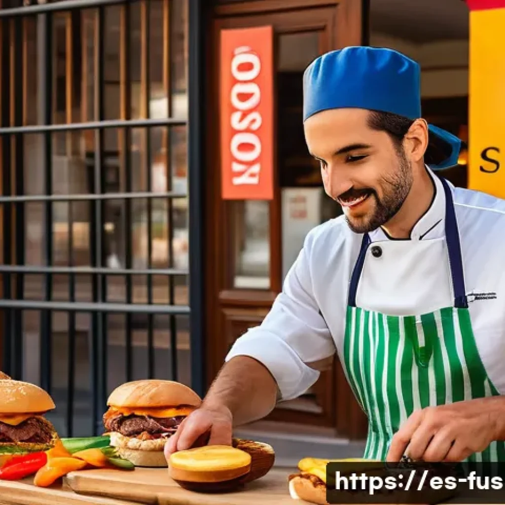 퓨전 패스트푸드 현지 농산물 활용 - A vibrant street food market scene in a Spanish town featuring a modern fast-food stall serving gour...