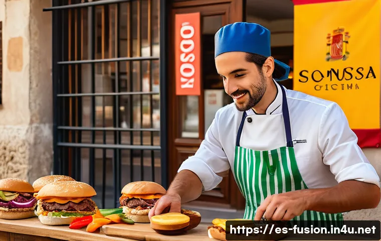 퓨전 패스트푸드 현지 농산물 활용 - A vibrant street food market scene in a Spanish town featuring a modern fast-food stall serving gour...