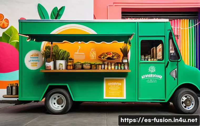 퓨전 패스트푸드 저당 제품 - A vibrant food truck scene in Mexico City specializing in healthy fast food with low sugar content. ...
