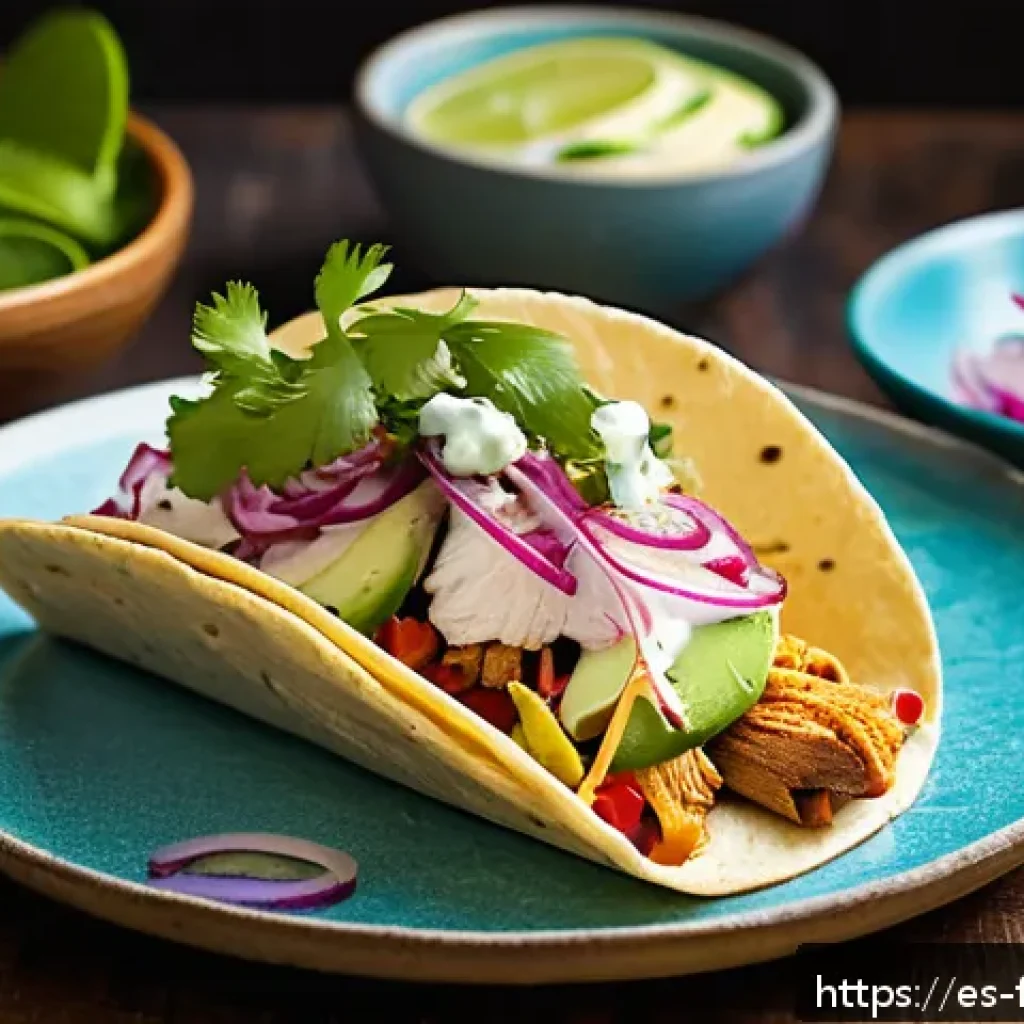 퓨전 타코의 냉장 제품 리뷰 - A vibrant close-up of a refrigerated fusion taco plated elegantly on a rustic Mexican ceramic dish, ...