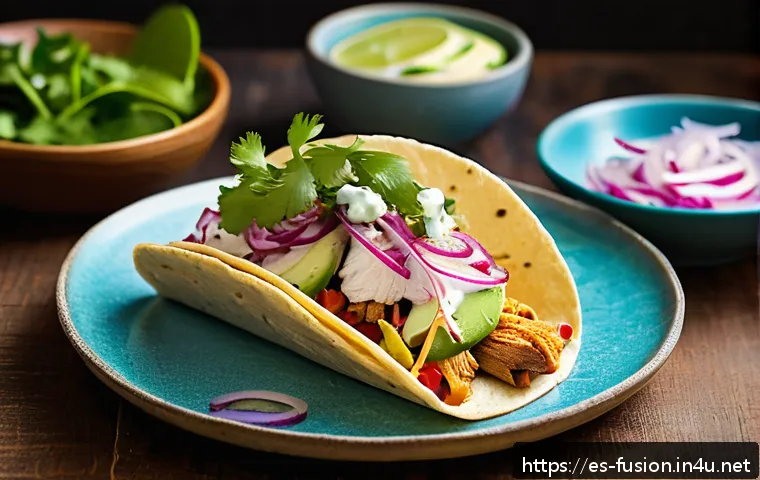 퓨전 타코의 냉장 제품 리뷰 - A vibrant close-up of a refrigerated fusion taco plated elegantly on a rustic Mexican ceramic dish, ...