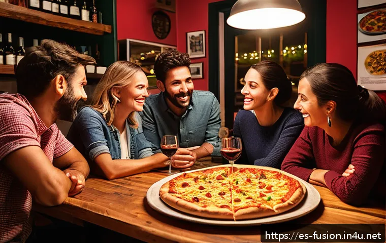 퓨전 피자 크기별 가격 비교 - A vibrant, cozy Spanish pizzeria interior featuring a large fusion pizza on a rustic wooden table, s...