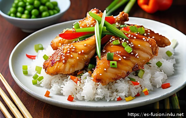 퓨전 치킨의 다양한 조리법 - A vibrant Asian-inspired chicken dish featuring tender chicken pieces marinated in soy sauce, fresh ...
