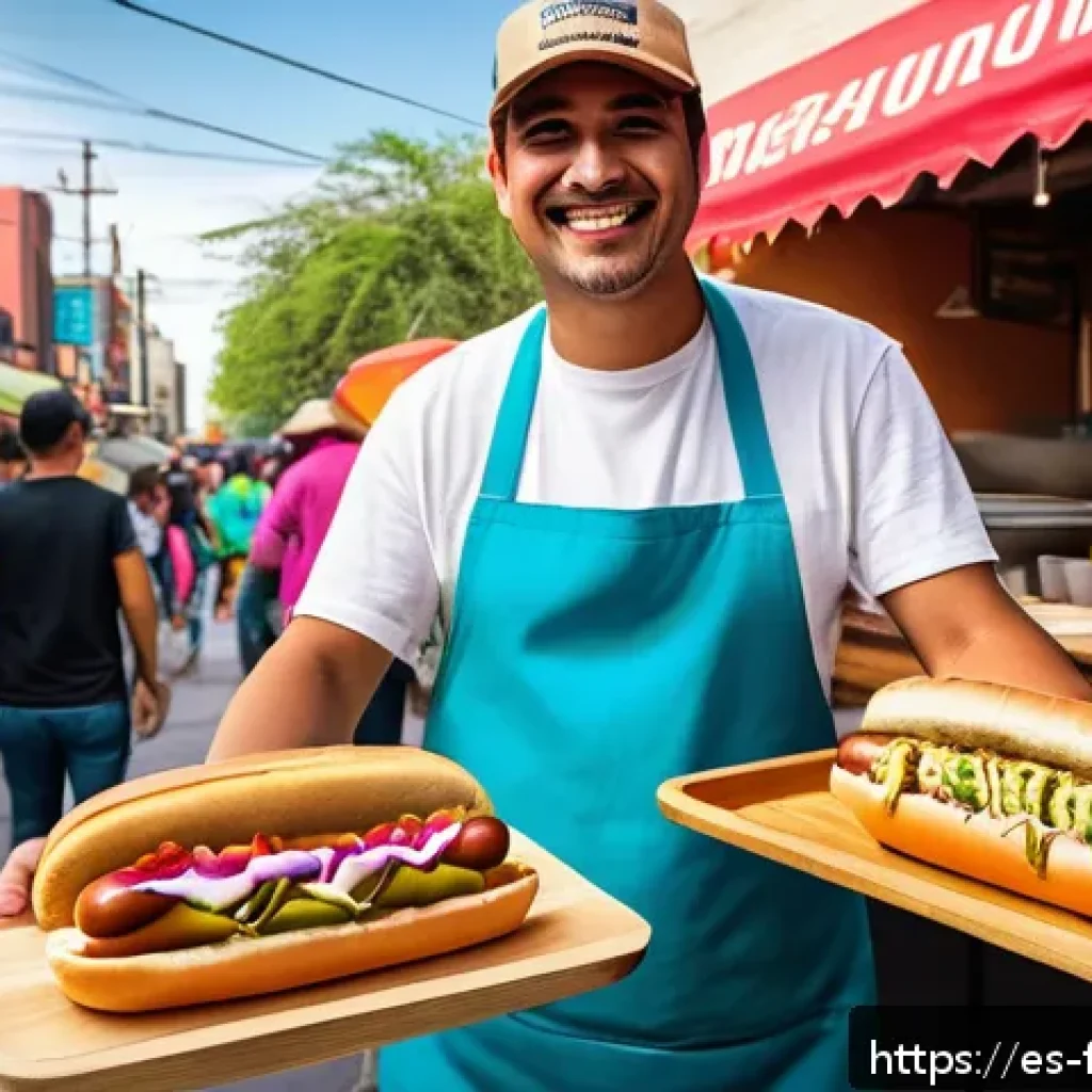 퓨전 핫도그의 대중화 과정 - A vibrant street food scene in Mexico City featuring a gourmet hot dog stand with artisanal buns, to...