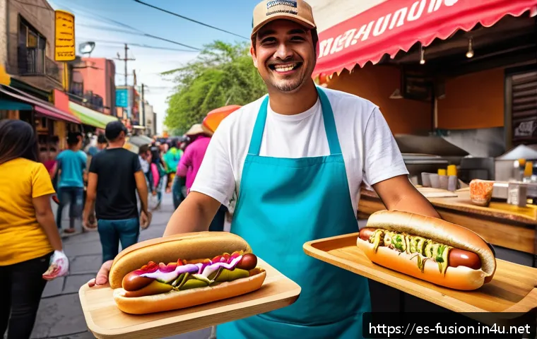퓨전 핫도그의 대중화 과정 - A vibrant street food scene in Mexico City featuring a gourmet hot dog stand with artisanal buns, to...