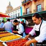 Home 22 퓨전 패스트푸드와 로컬 재료 - A vibrant Spanish street food market scene at sunset, featuring a diverse group of young chefs and f...