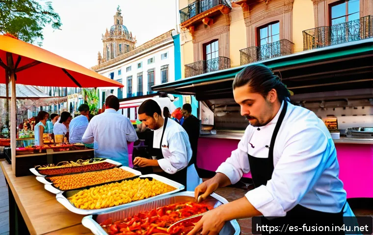 퓨전 패스트푸드와 로컬 재료 - A vibrant Spanish street food market scene at sunset, featuring a diverse group of young chefs and f...