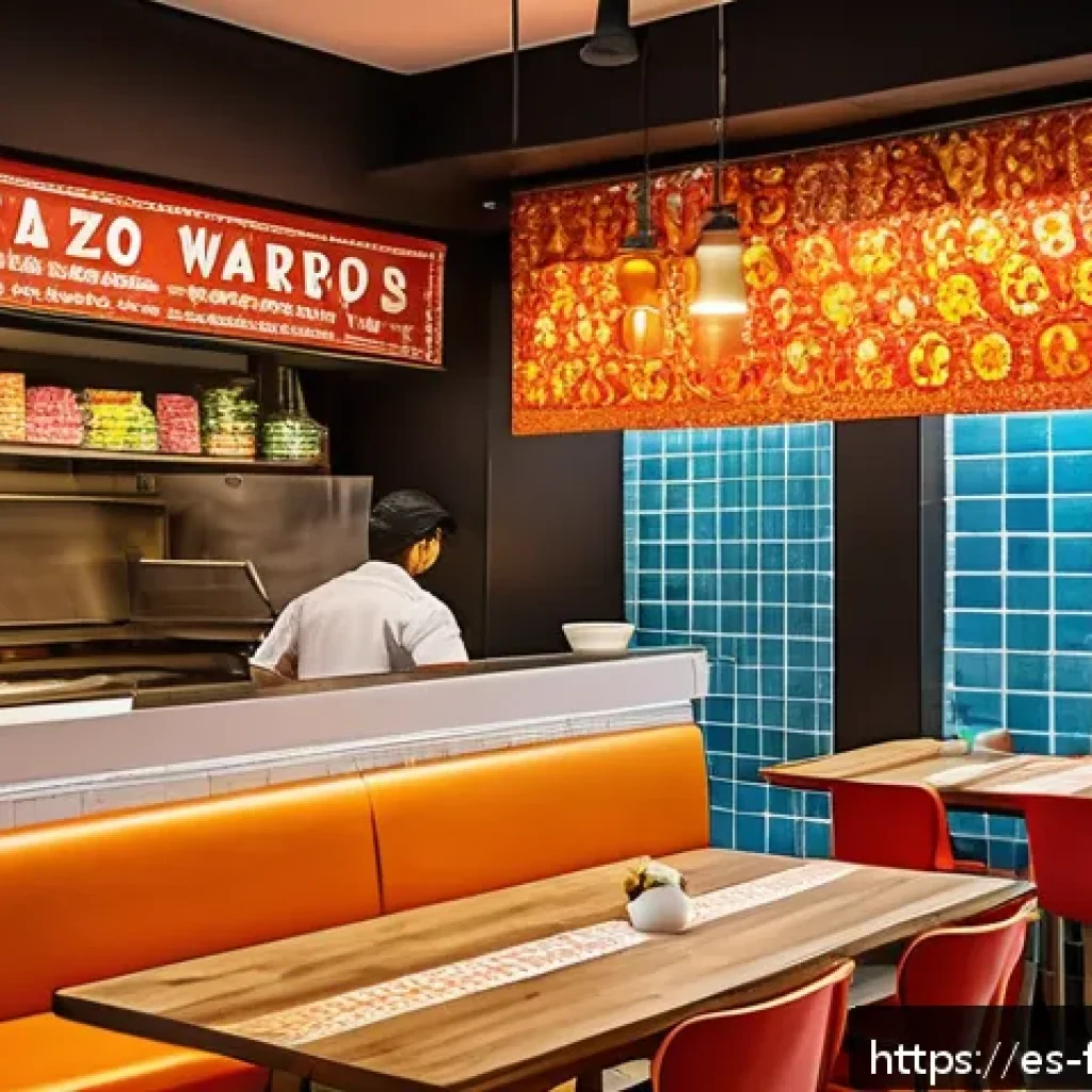 퓨전 패스트푸드의 글로벌화 전략 - A vibrant fusion fast-food restaurant interior in Spain, decorated with Mediterranean and Asian cult...